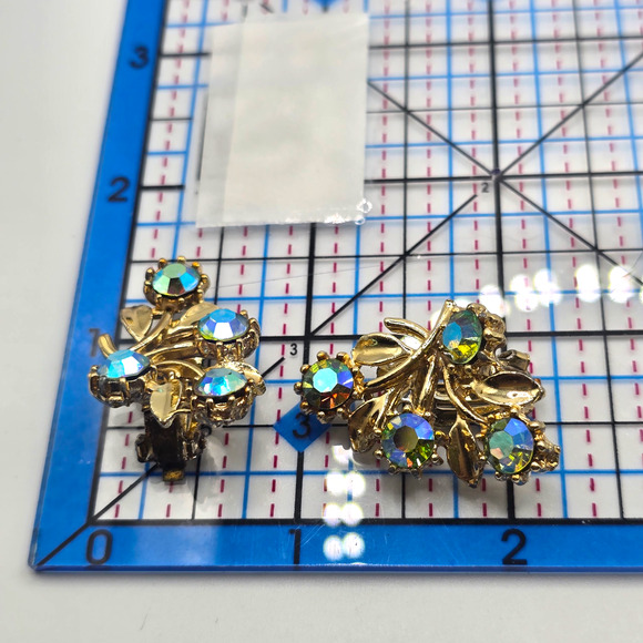Clip-On Earrings Vintage Leaf AB Blue Rhinestones Retro Style Aurora Borealis - Picture 2 of 7